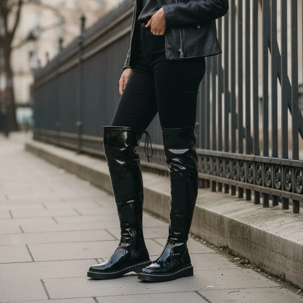 River Island Amsterdam‎ Womens Black Long Patent Knitted Over the Knee Boots 6.5